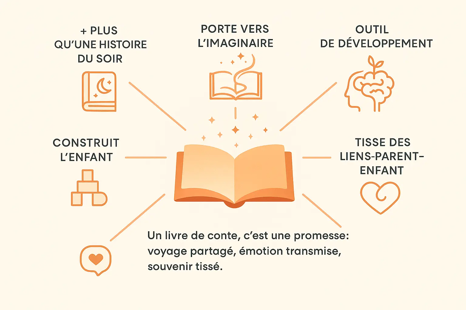 Illustration montrant un enfant plongé dans un livre de contes, entouré de personnages imaginaires