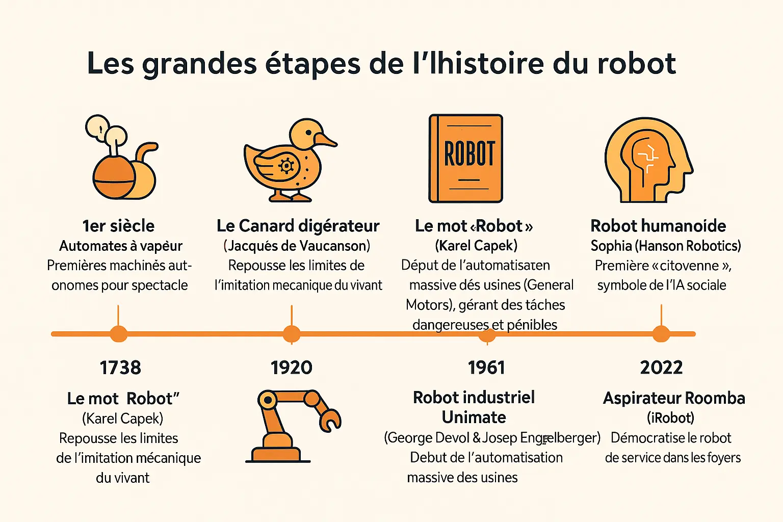 Illustration des grandes étapes de l'histoire du robot