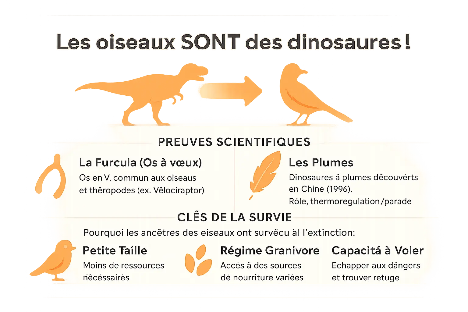 Schéma comparatif entre un Velociraptor et un oiseau moderne montrant la similarité des structures osseuses