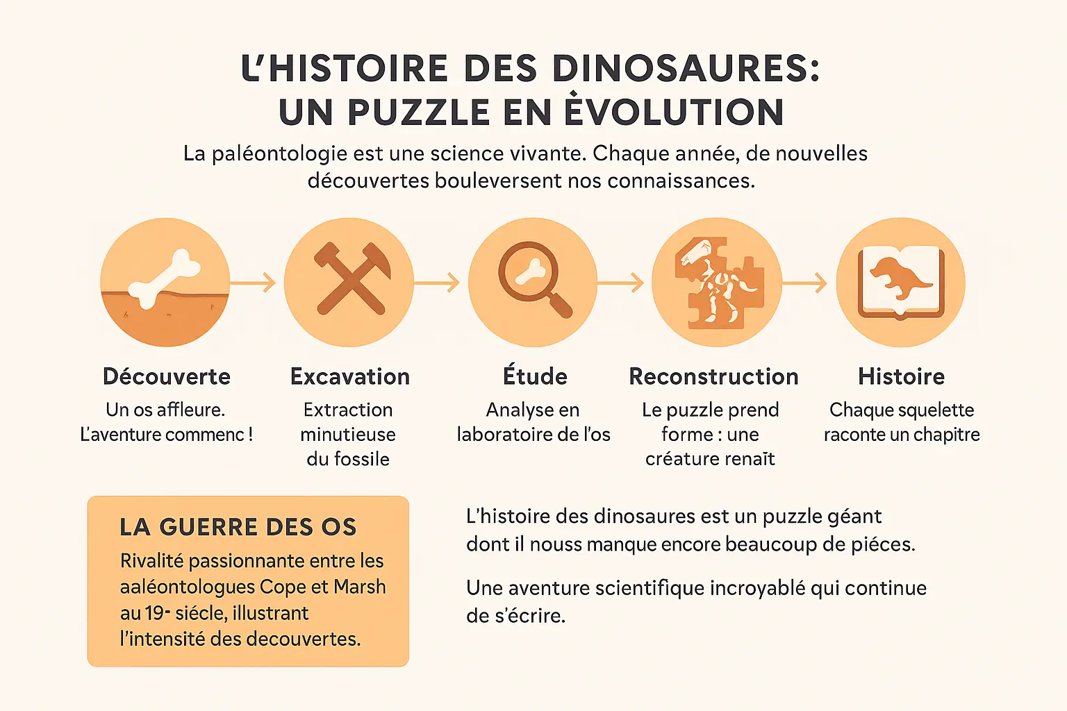 Illustration du processus de découverte d'un fossile de dinosaure