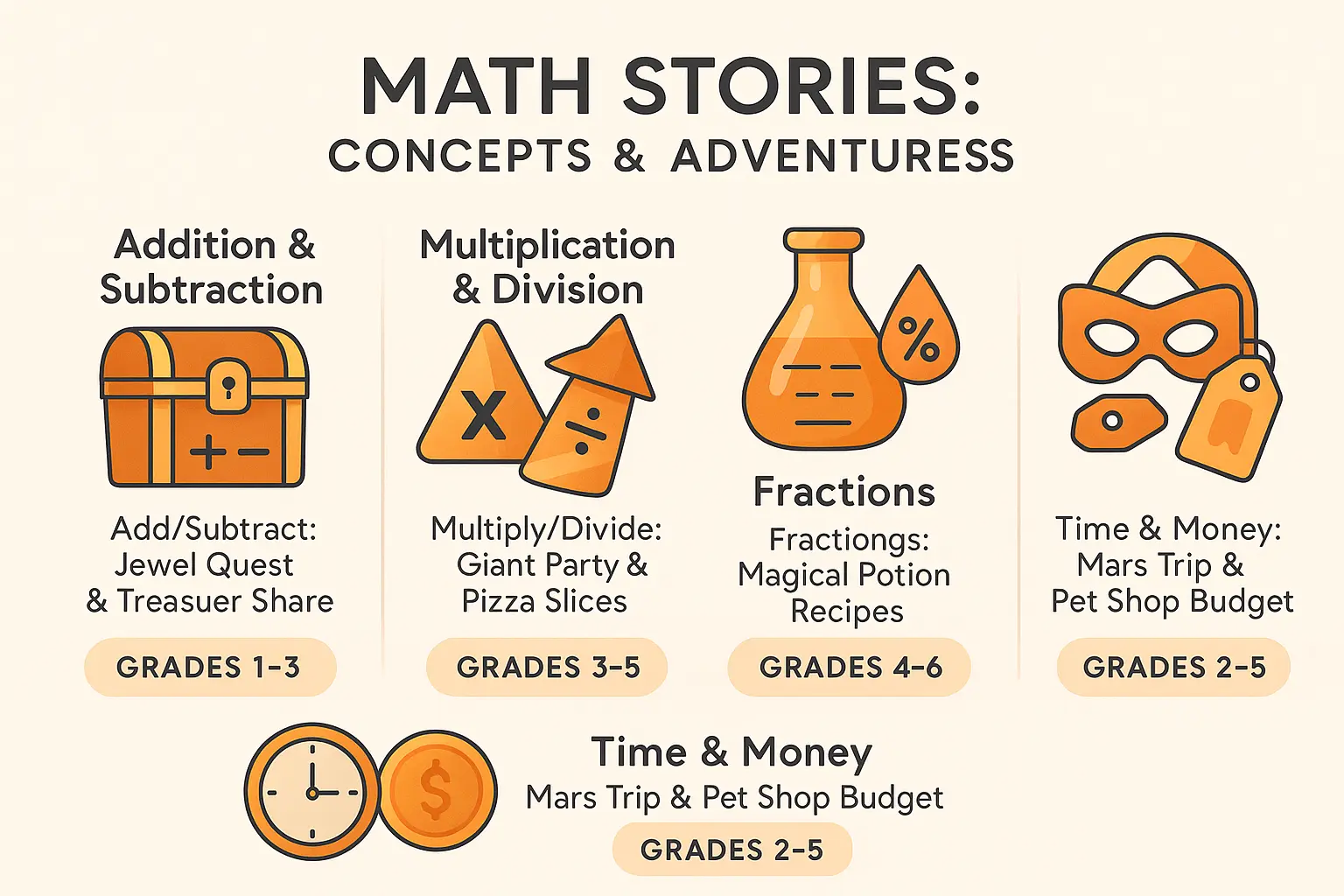Professional infographic displaying Math stories concepts and adventures infographic with clear visual elements, educational content about math stories, and research-backed benefits for child development