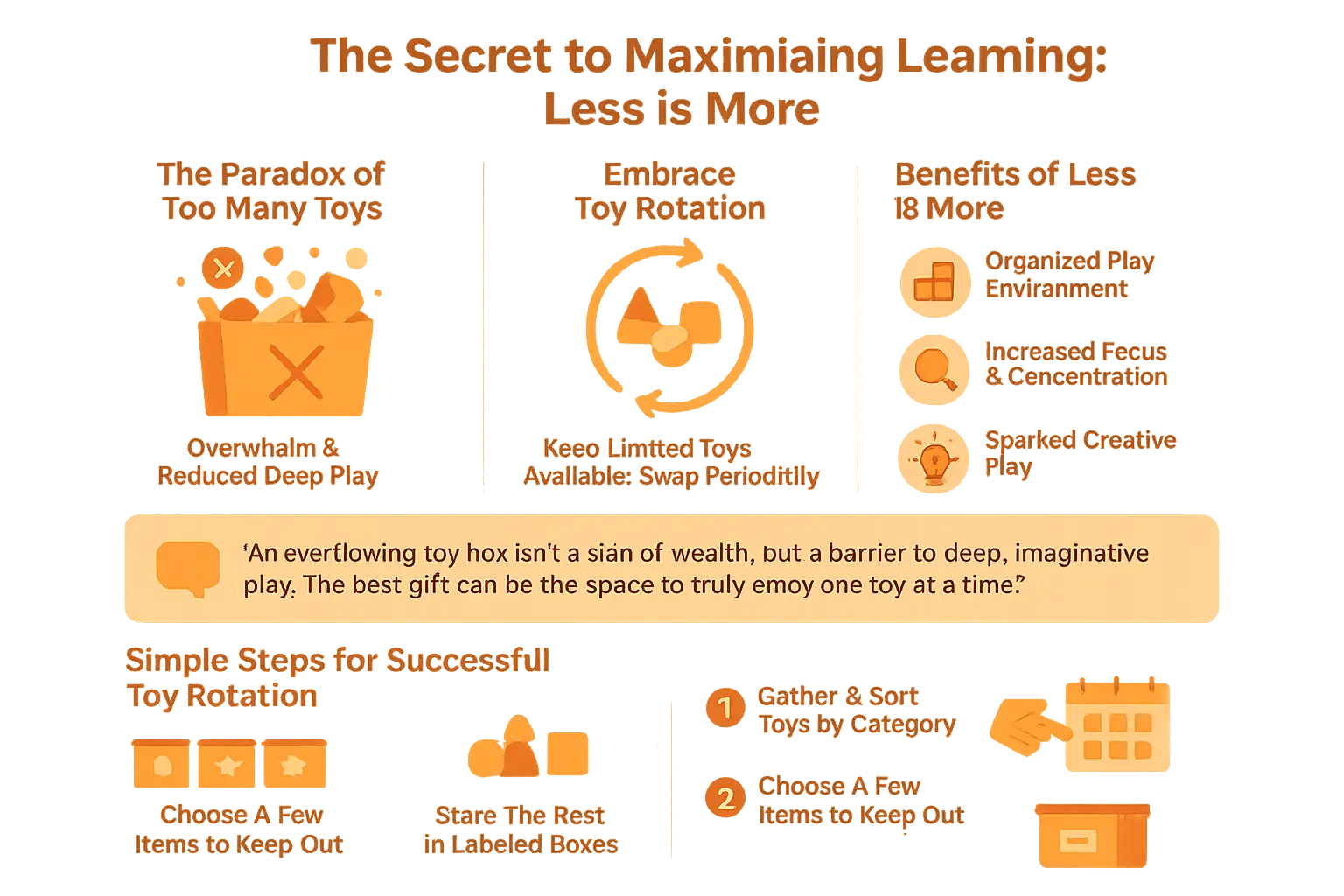 Minimalist toy rotation setup with wooden blocks and books on a shelf