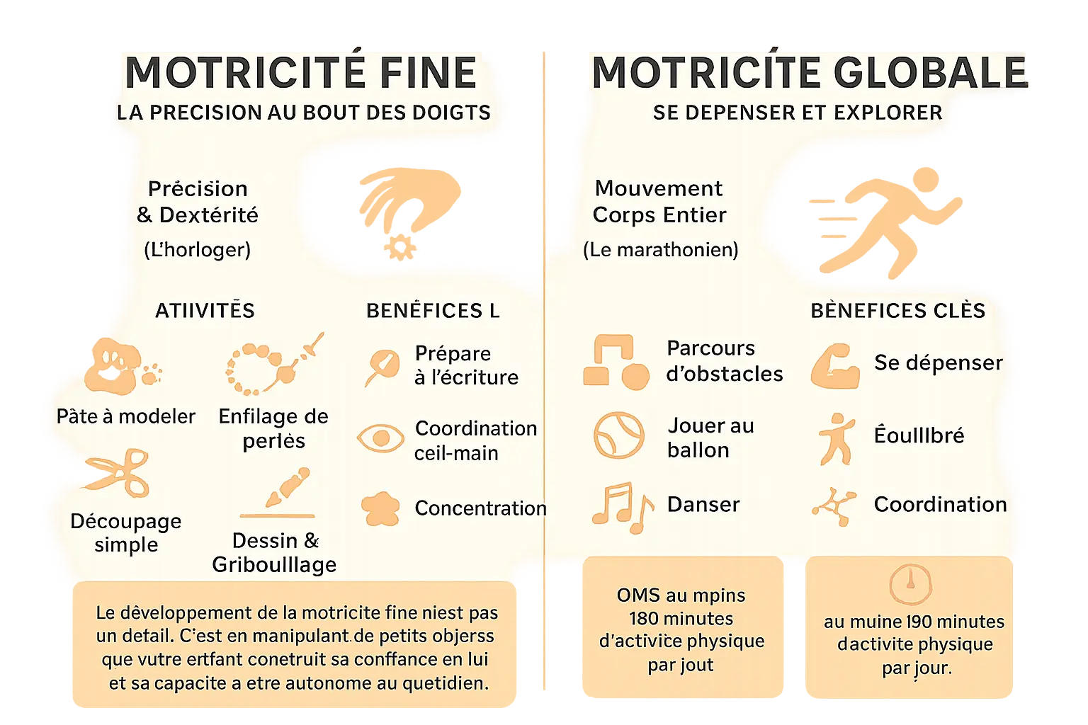 Illustration comparant motricité fine et motricité globale