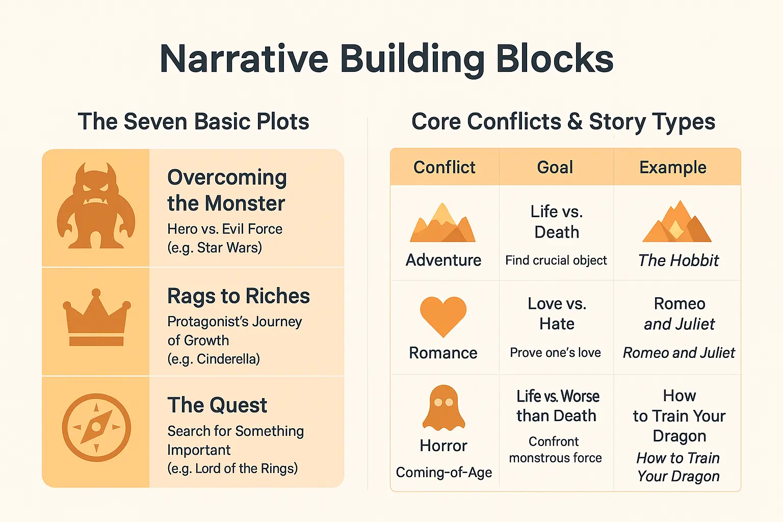 Narrative building blocks diagram showing story archetypes