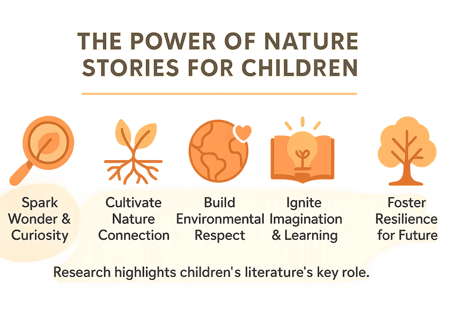 Child reading a nature storybook surrounded by plants and animals