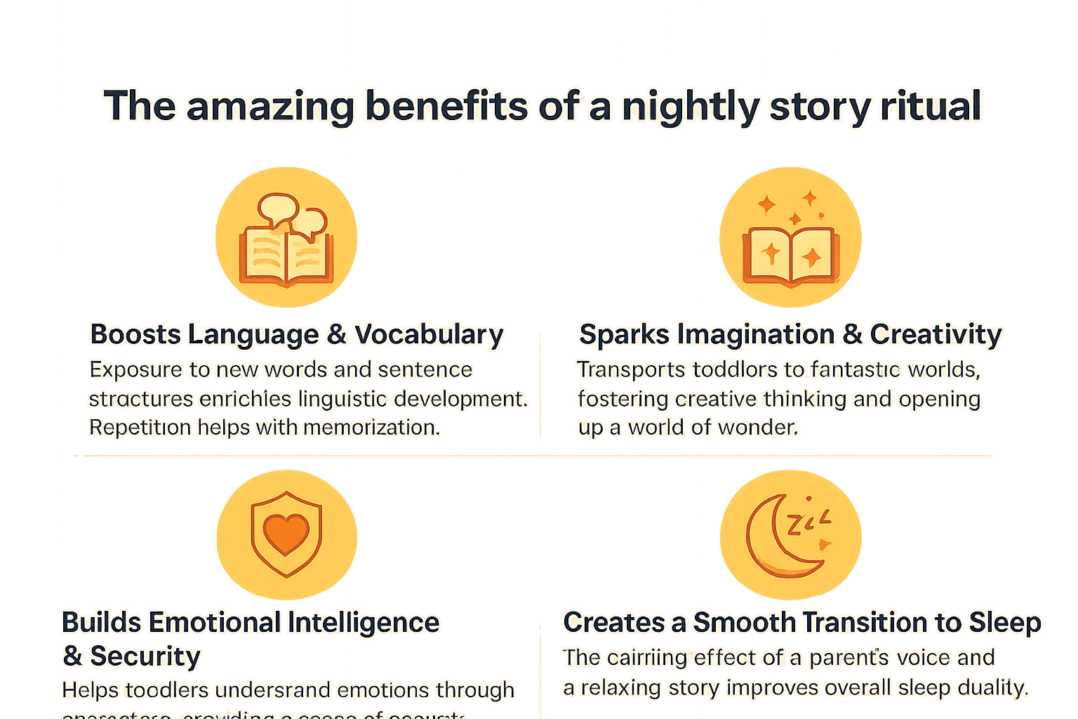 Professional infographic displaying A cozy bedtime story moment with a parent and toddler with clear visual elements, educational content about bedtime stories for toddlers, and research-backed benefits for child development