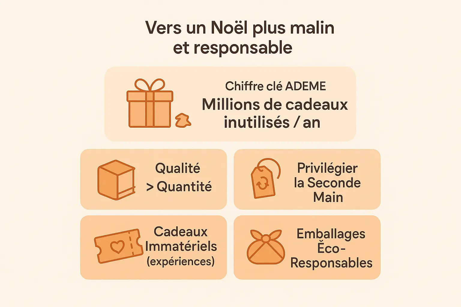Illustration d'un père Noël avec un livre en main, entouré de jouets en bois et de papiers d'emballage recyclés