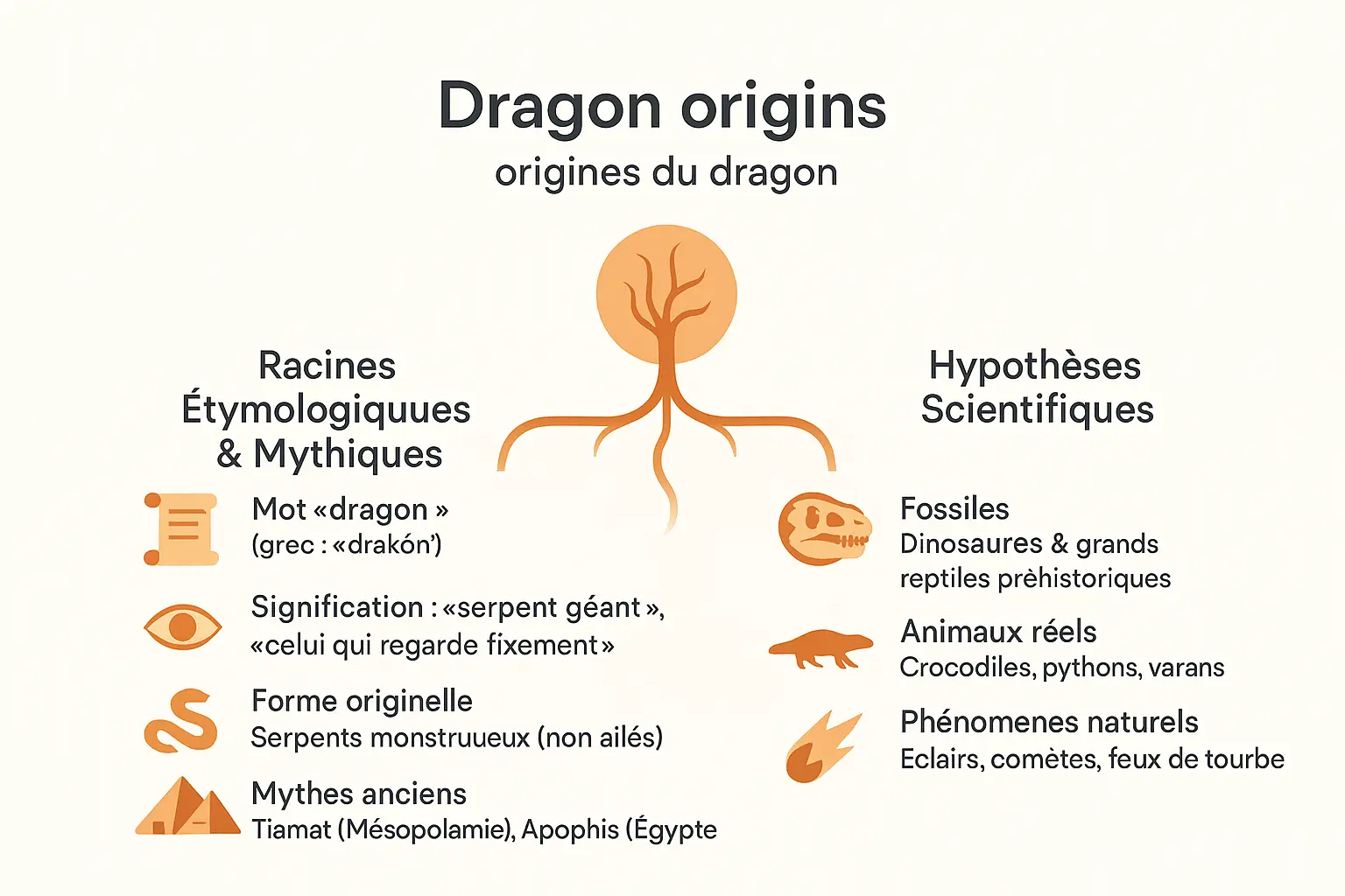 Représentation artistique d'un dragon et de fossiles de dinosaures côte à côte