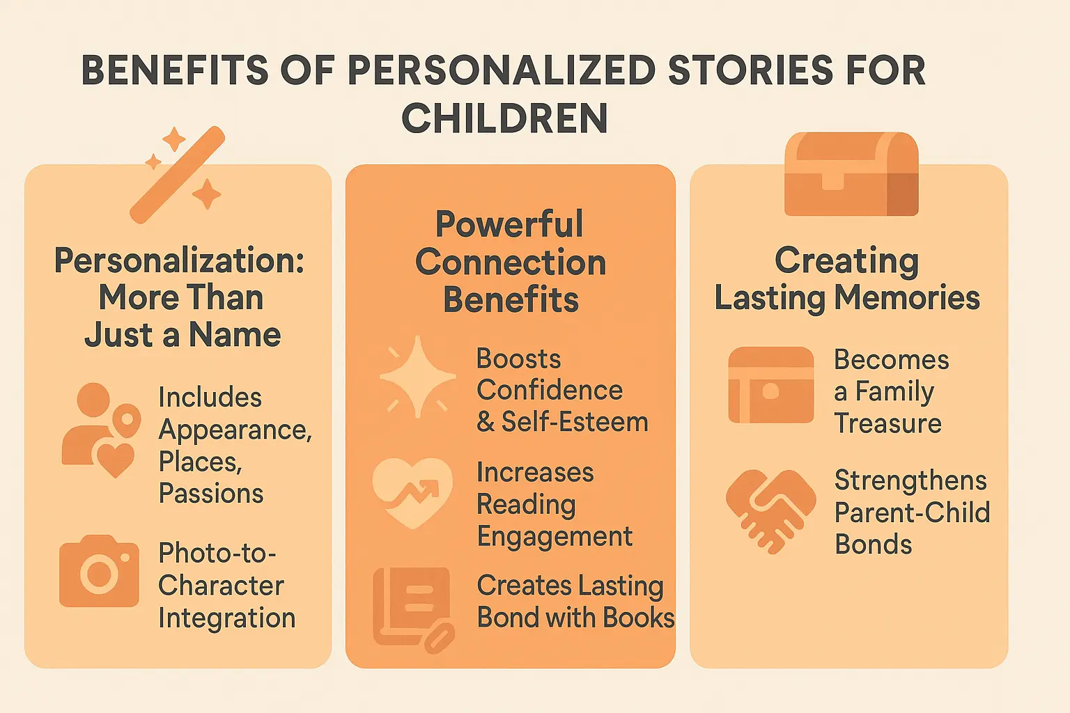 Personalized story benefits illustration showing child engagement and family bonding