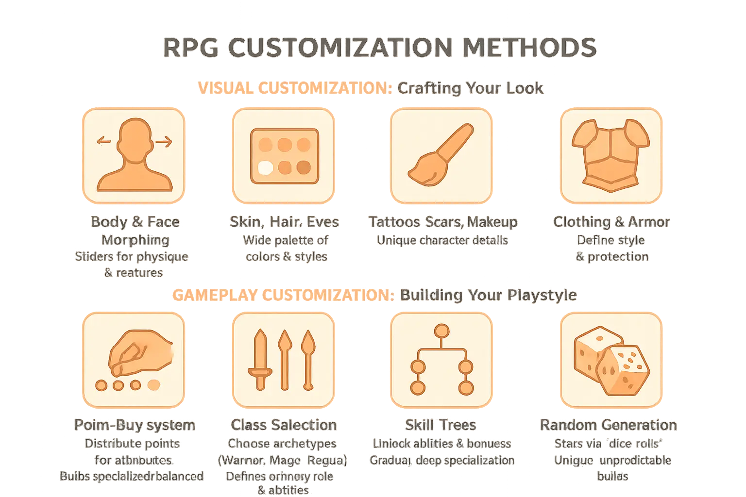 RPG character creation interface featuring detailed facial sliders and branching skill tree options
