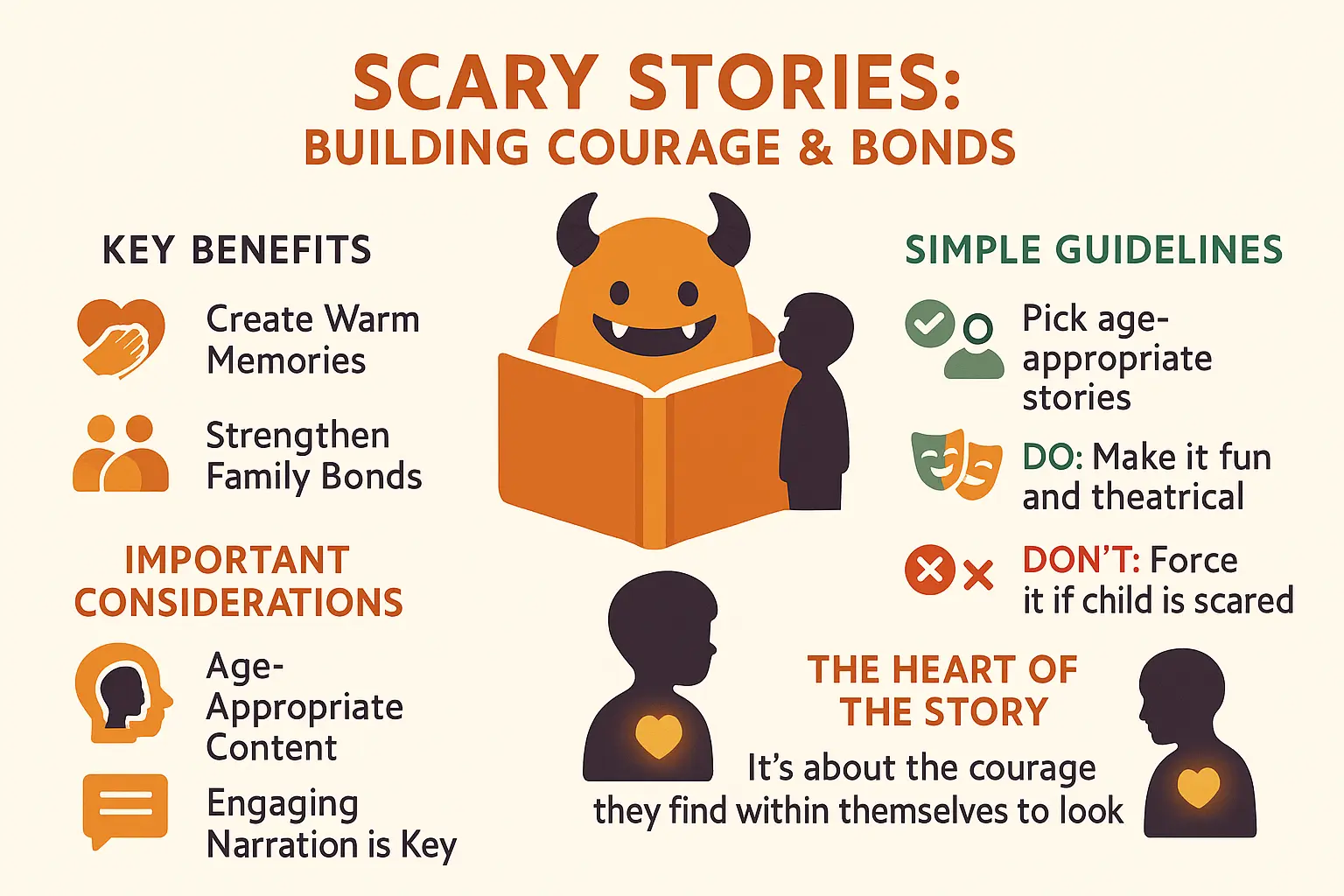 Educational visual about Family sharing a spooky story around a campfire related to mystery stories for kids with professional design and engaging content for parents