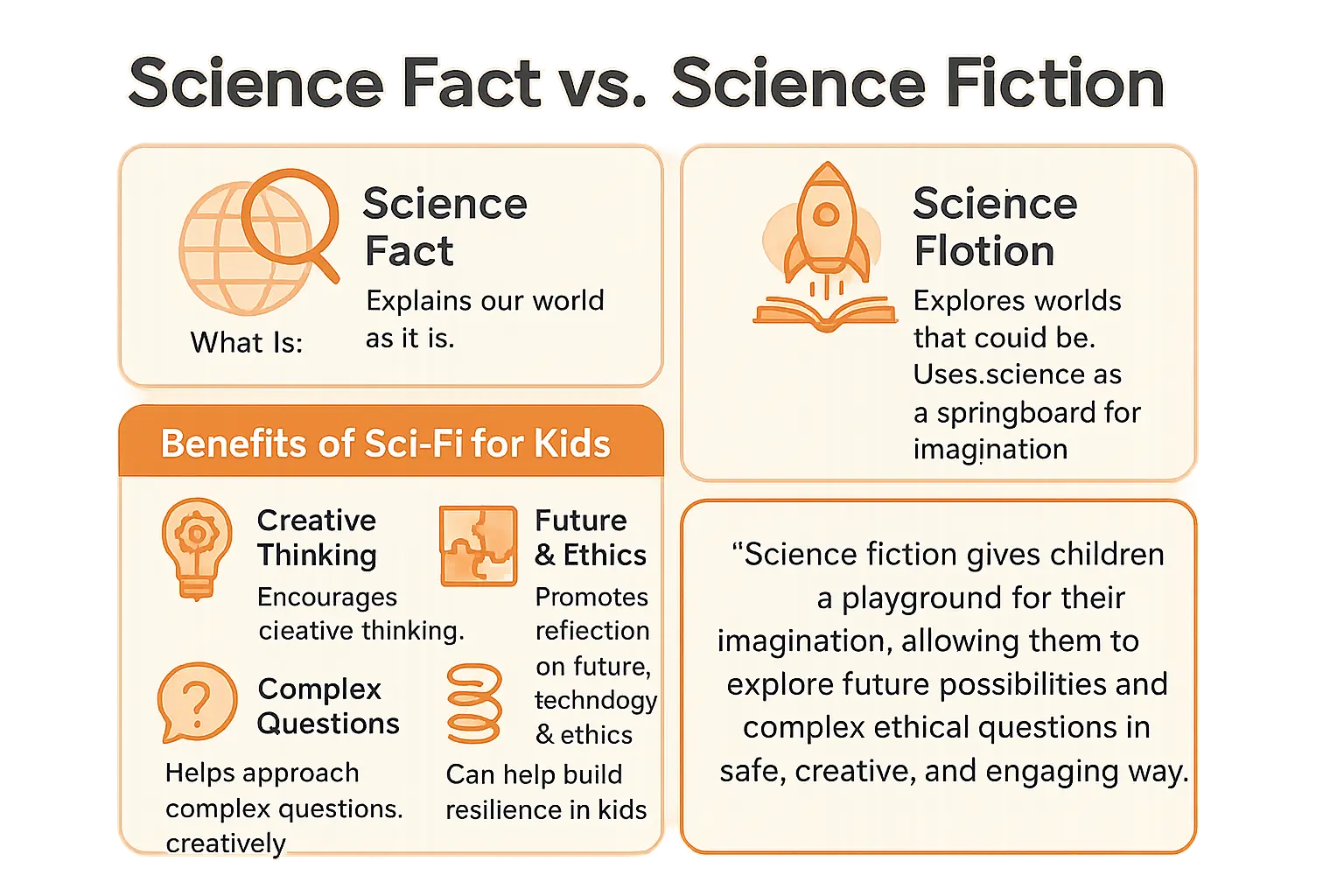 Professional infographic displaying Science Fact vs Science Fiction: Benefits for Kids with clear visual elements, educational content about science stories for kids, and research-backed benefits for child development