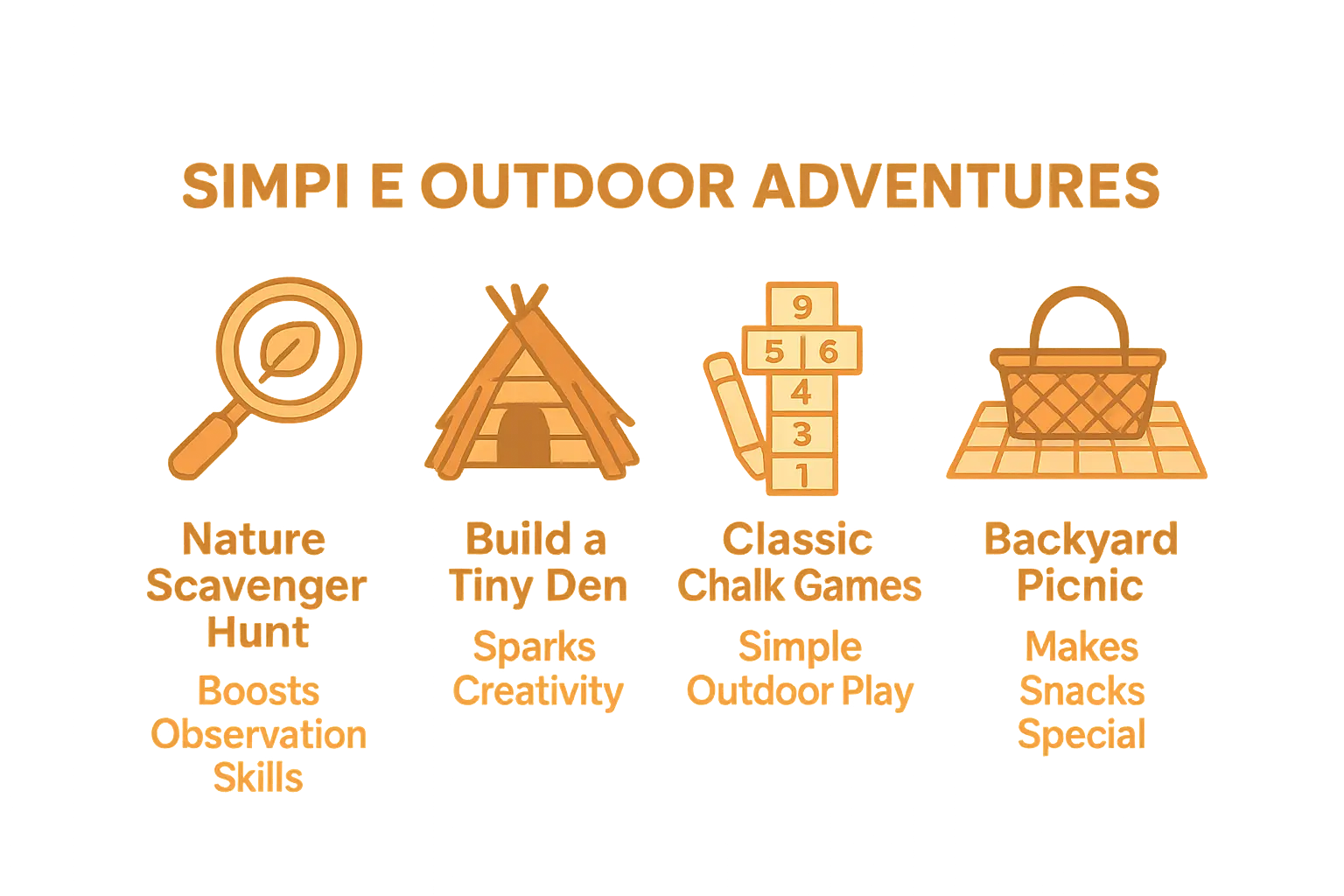 Simple outdoor activities infographic showing scavenger hunt, fairy house building, chalk games, and picnic ideas
