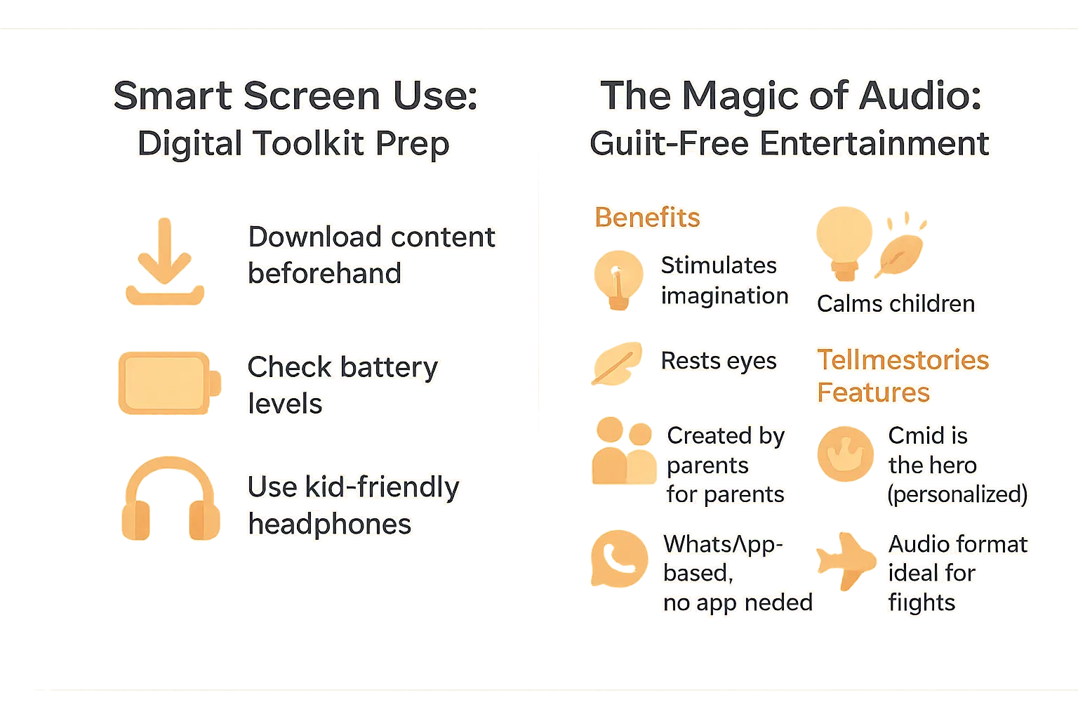 Parent and child enjoying personalized audio stories on flight