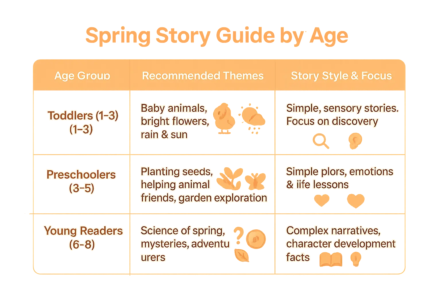 Spring stories for kids: nature adventures & learning 🌱 4 Spring Story Guide Visual Summary