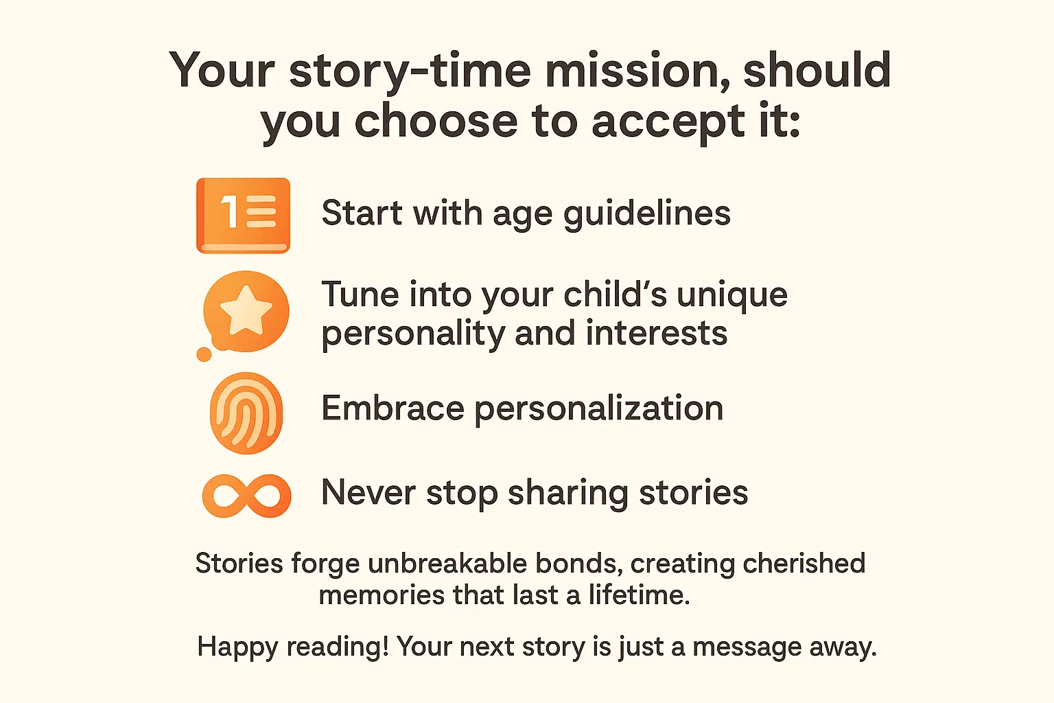 Story-time mission infographic showing personalized storytelling benefits