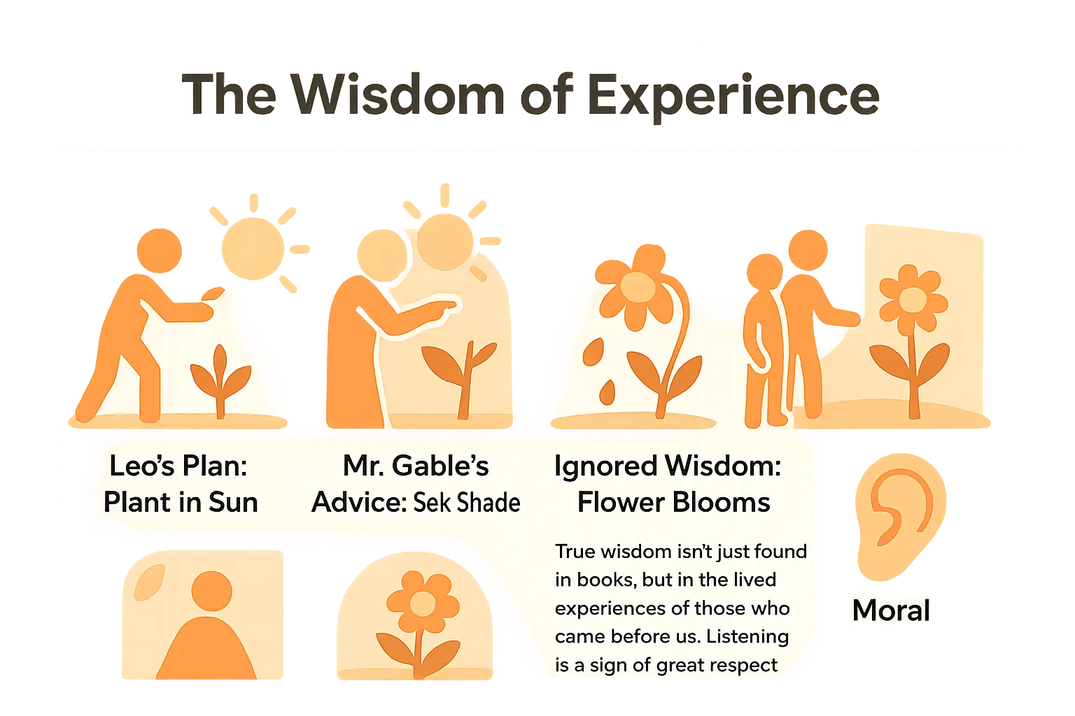 An illustration showing the value of experience through a garden metaphor, with a wise old gardener and young boy observing plants in different light conditions