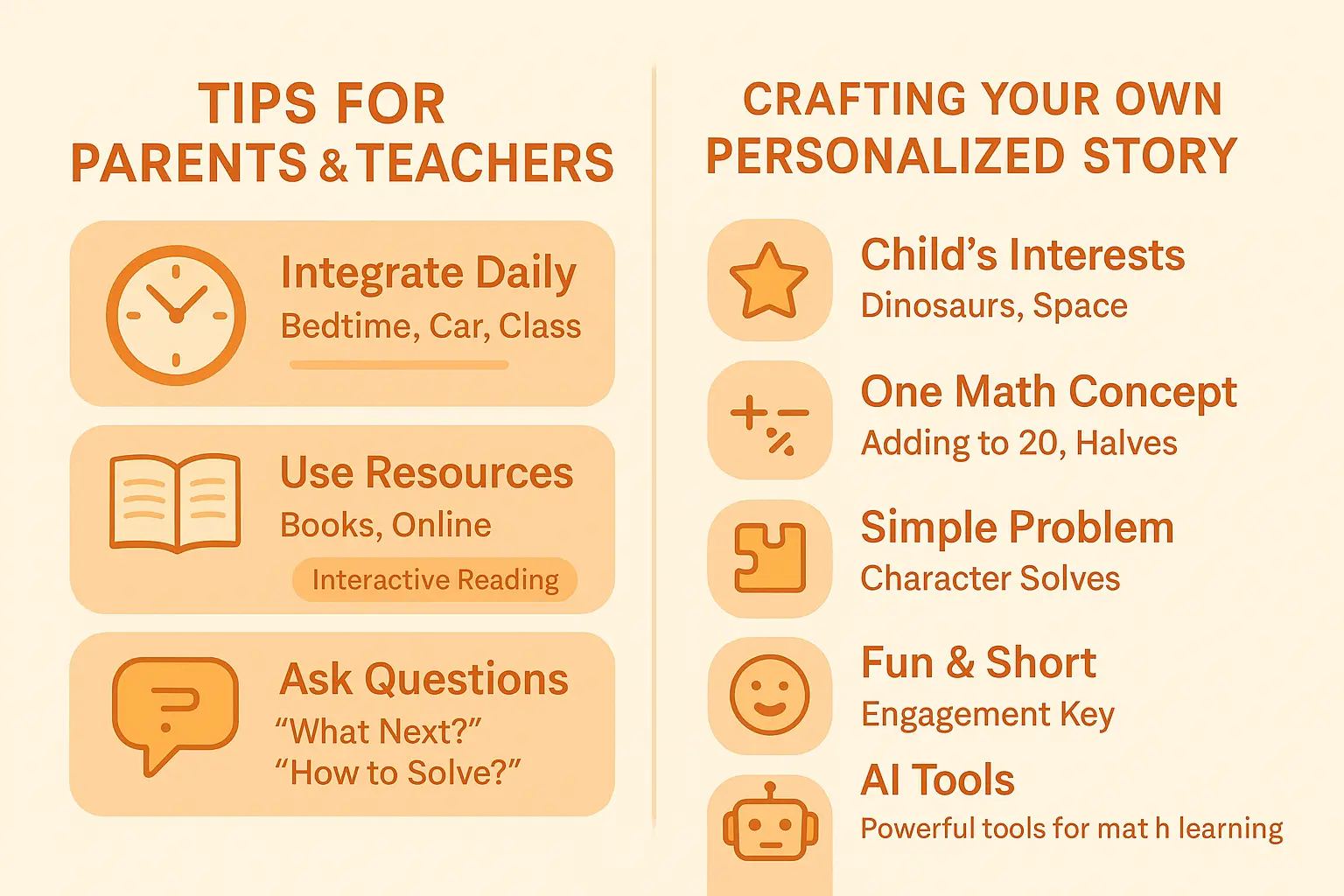 Educational visual about How to use and create math stories related to math stories with professional design and engaging content for parents