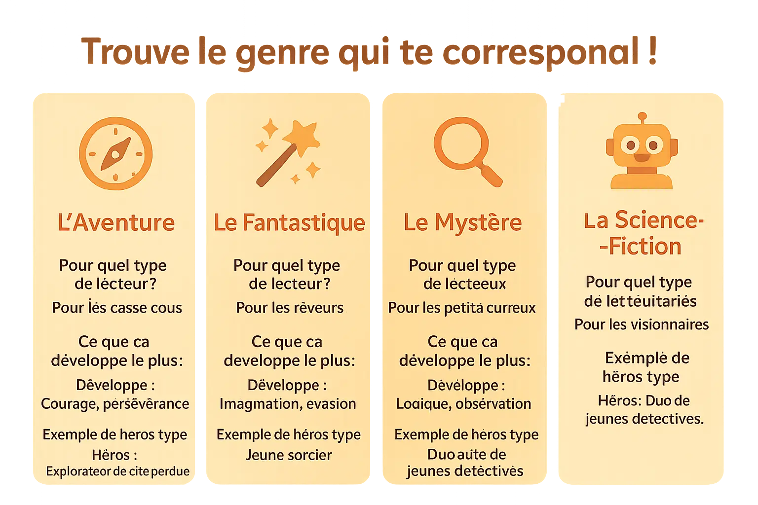 Tableau comparatif des genres de livres pour enfants
