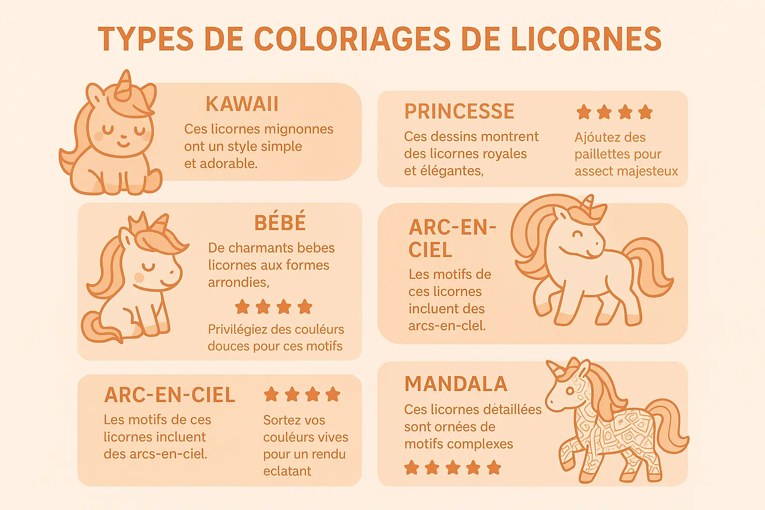 Illustration des différents types de coloriages de licornes