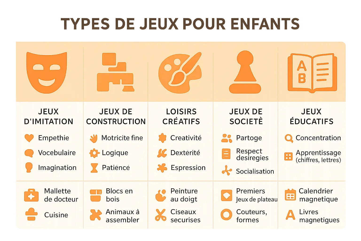 Infographie éducative sur les types de jeux pour enfants