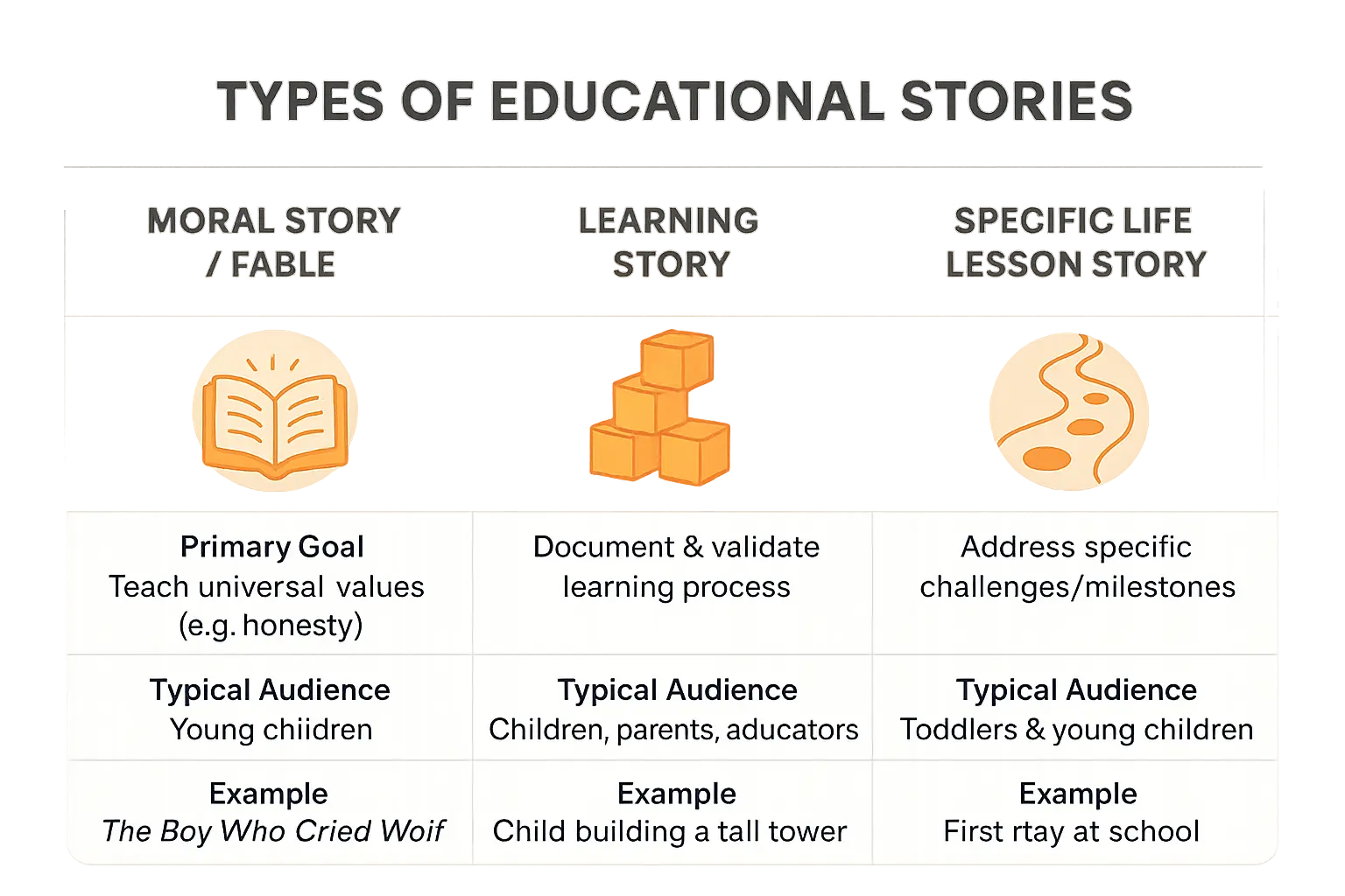 Educational visual about Types of educational stories visual comparison related to educational stories with professional design and engaging content for parents