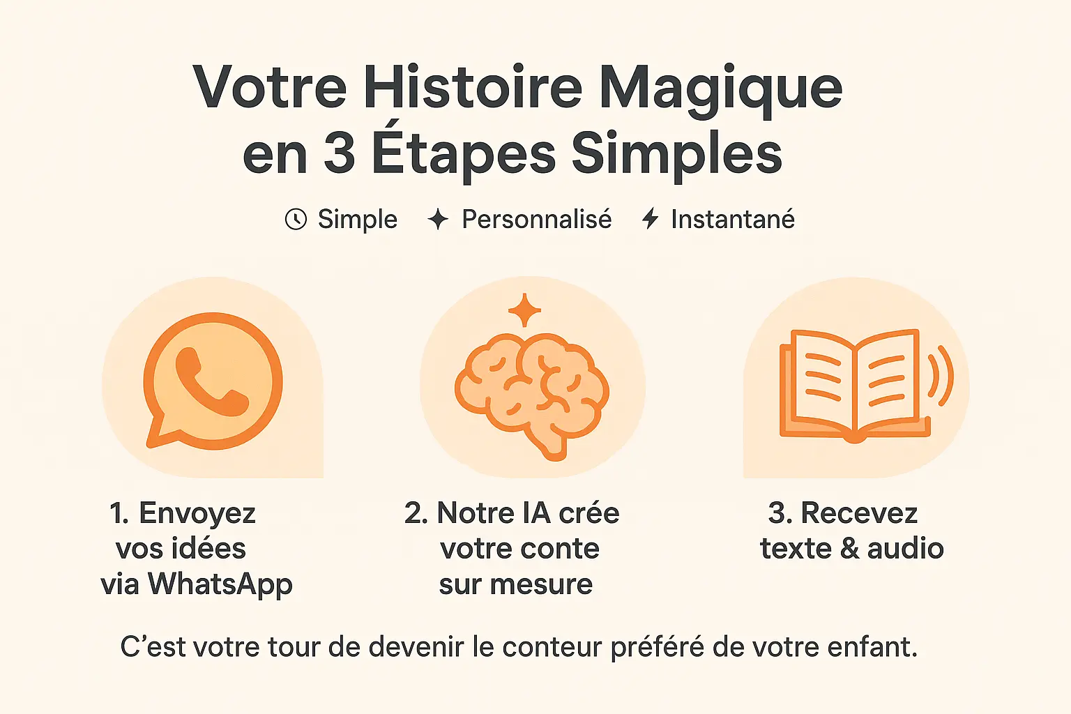 Illustration des 3 étapes pour créer une histoire personnalisée