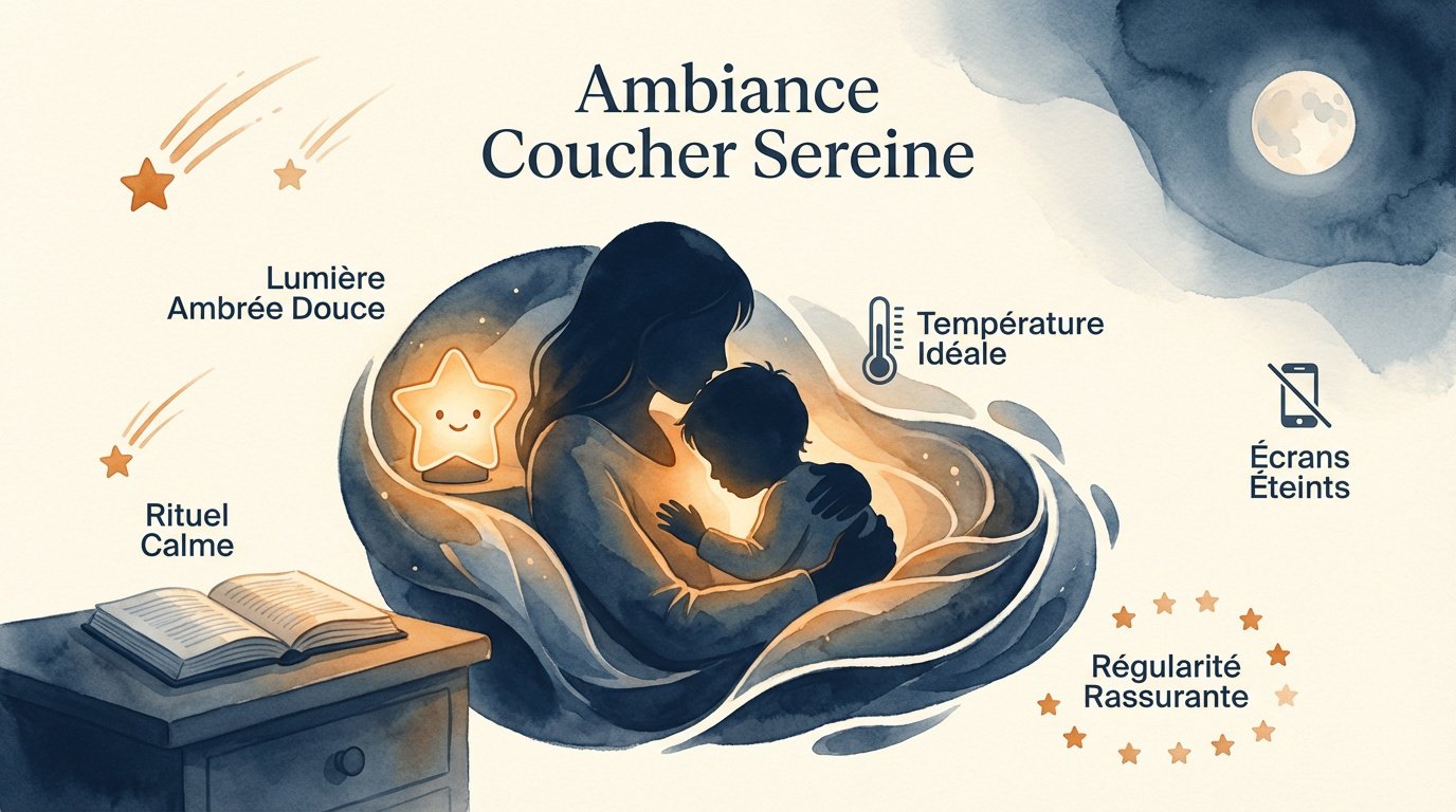 Enfant endormi paisiblement dans une chambre à l'ambiance tamisée et sereine