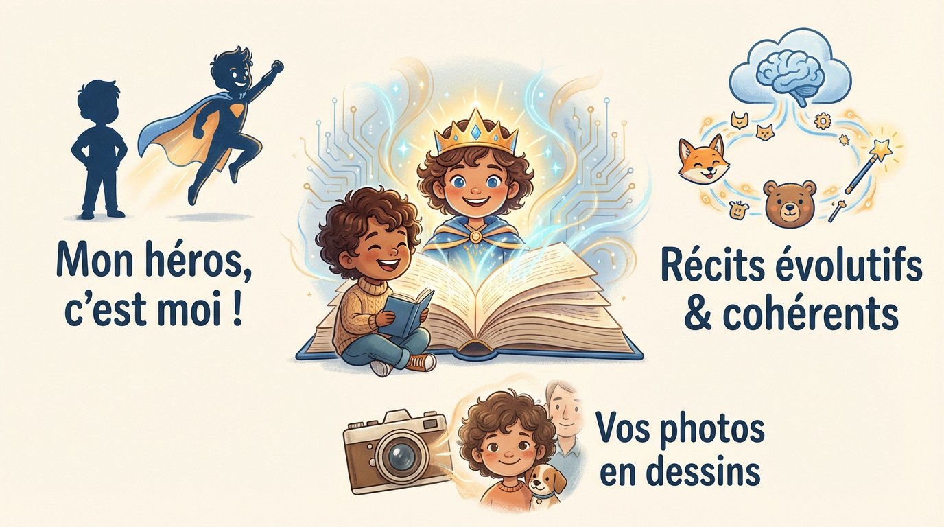 Enfant lisant son livre personnalisé créé avec l'intelligence artificielle