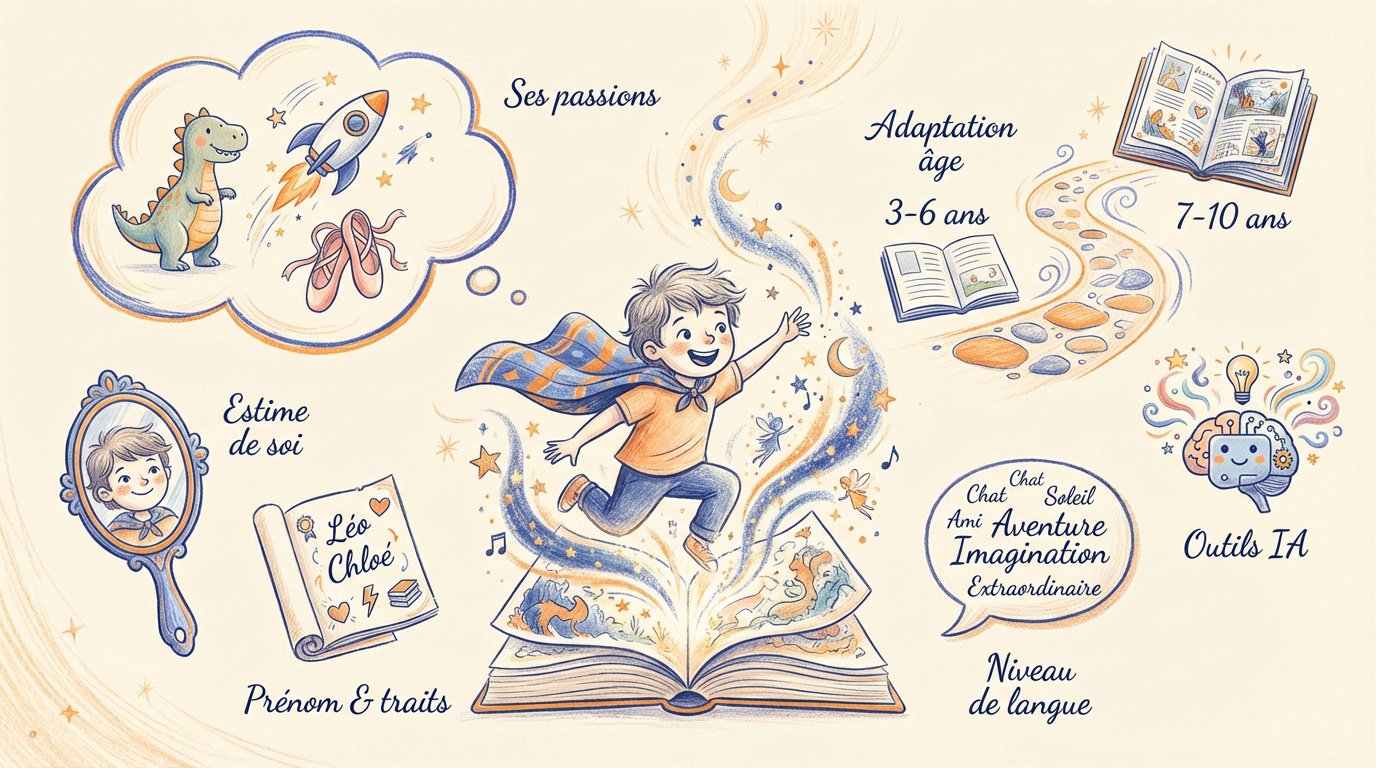 Infographie expliquant comment l'IA crée une aventure personnalisée dont l'enfant est le héros