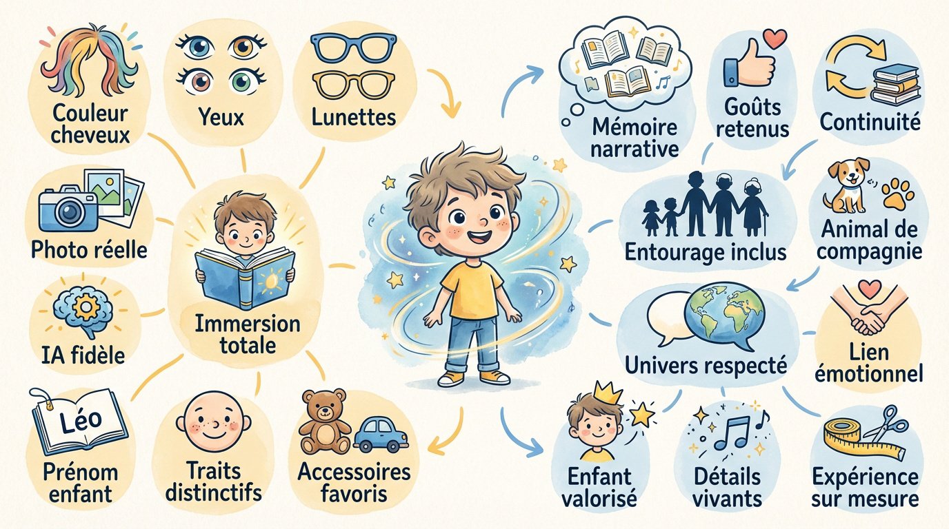 Créez une histoire personnalisée enfant sur WhatsApp 2 Infographie montrant la personnalisation du héros pour une histoire enfantine