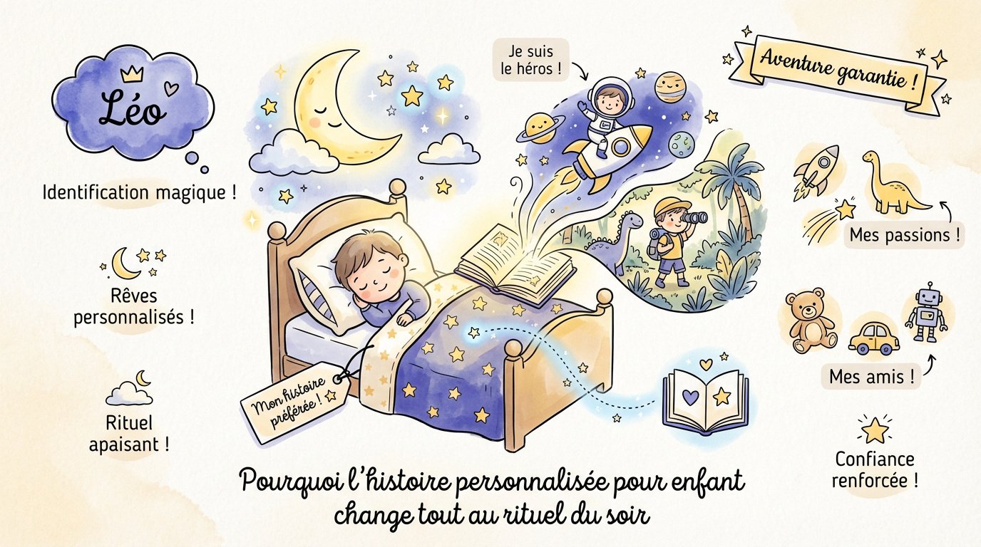 Enfant souriant écoutant une histoire personnalisée avant de s'endormir