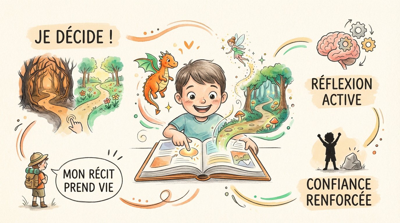 Histoires interactives pour enfants : l'aventure sur mobile 1 Enfant s'imaginant dans une histoire interactive personnalisée où il choisit son chemin