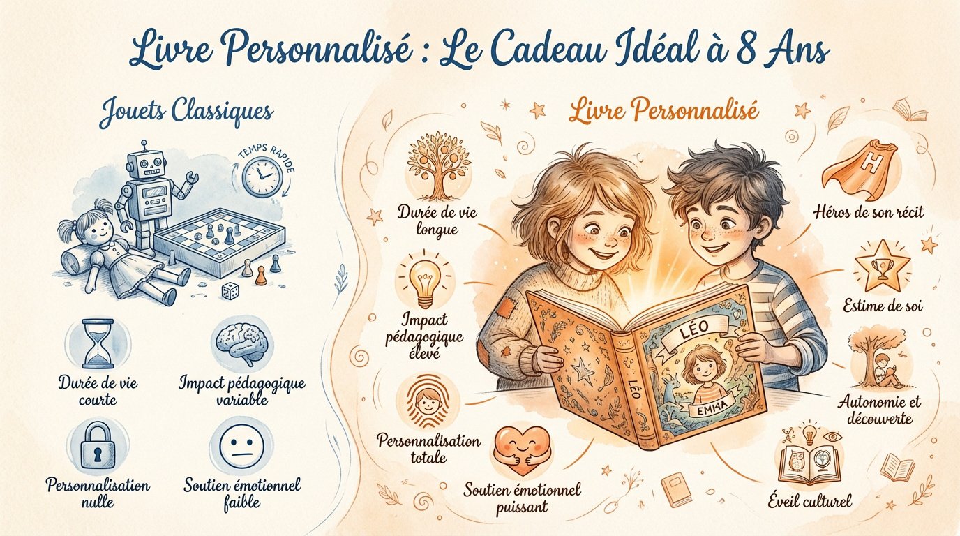Enfant de 8 ans découvrant son livre personnalisé Tellmestories