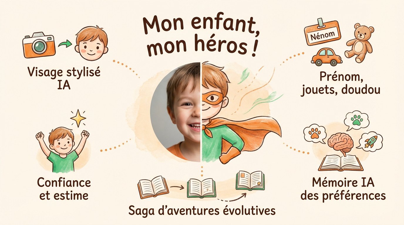 Enfant découvrant son propre personnage dans un livre personnalisé