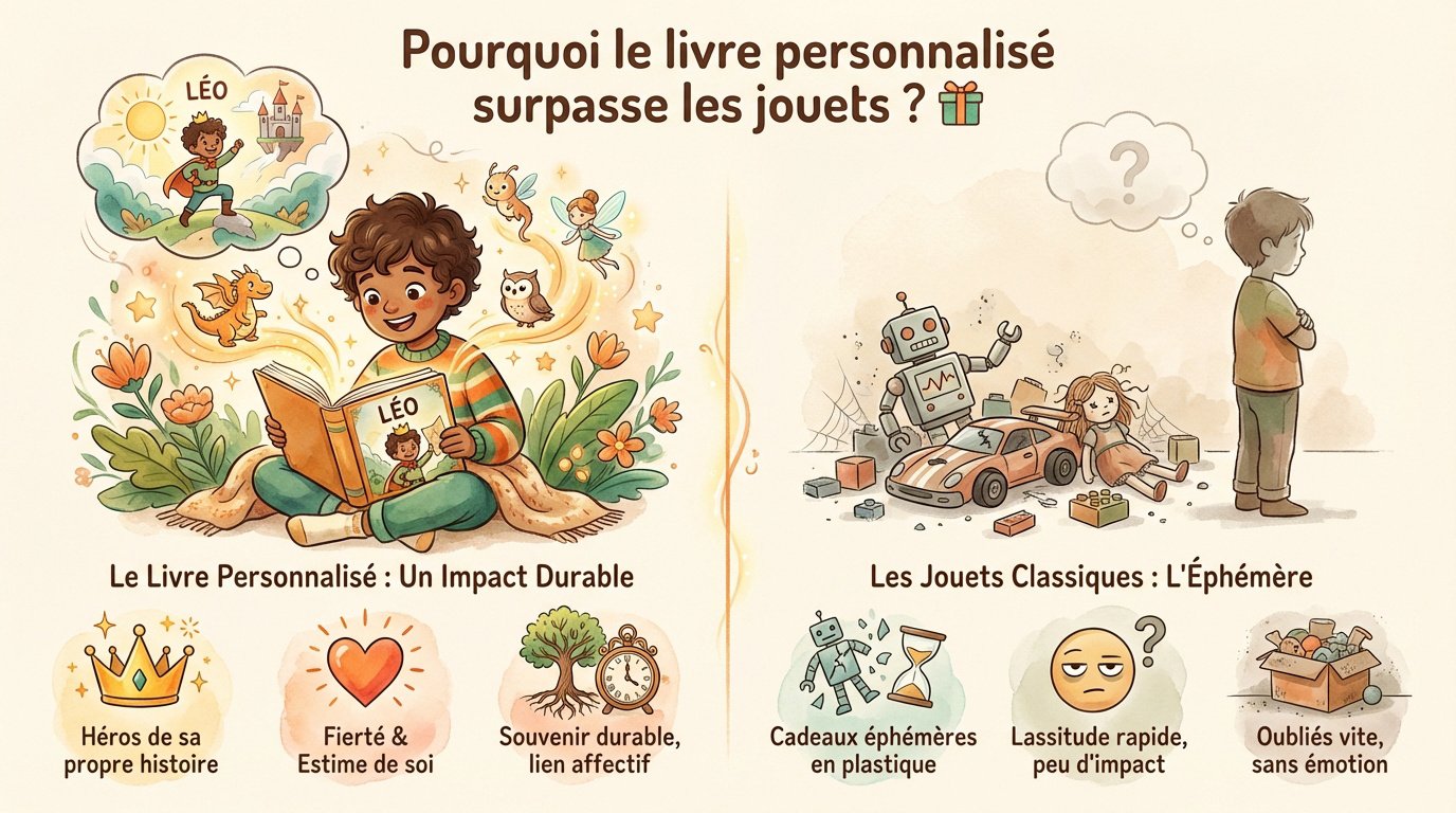 Cadeau anniversaire enfant original : le livre personnalisé 1 Enfant souriant lisant son livre personnalisé où il est le héros de l'aventure