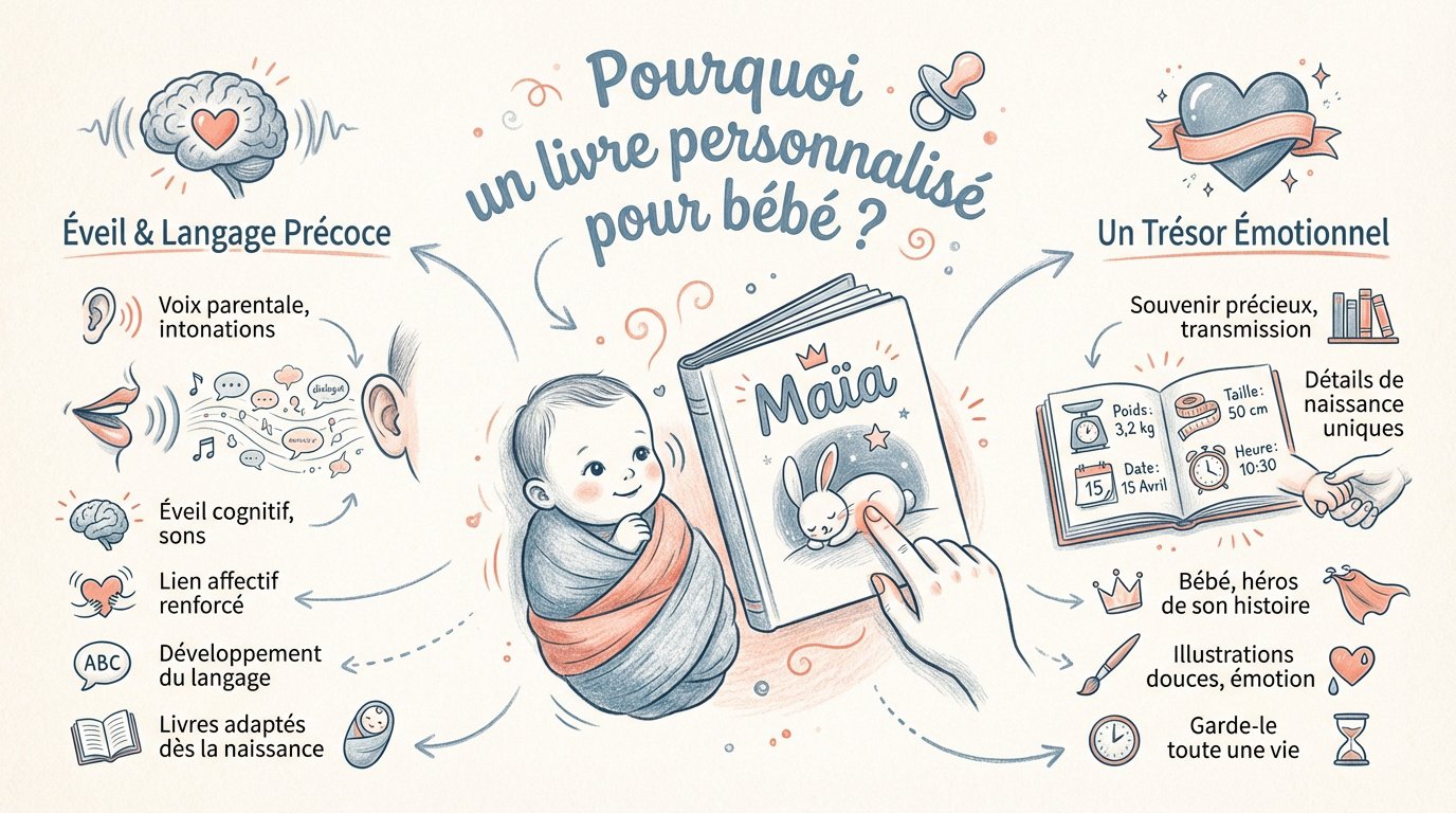 Parents lisant un livre personnalisé à leur bébé pour stimuler son éveil précoce