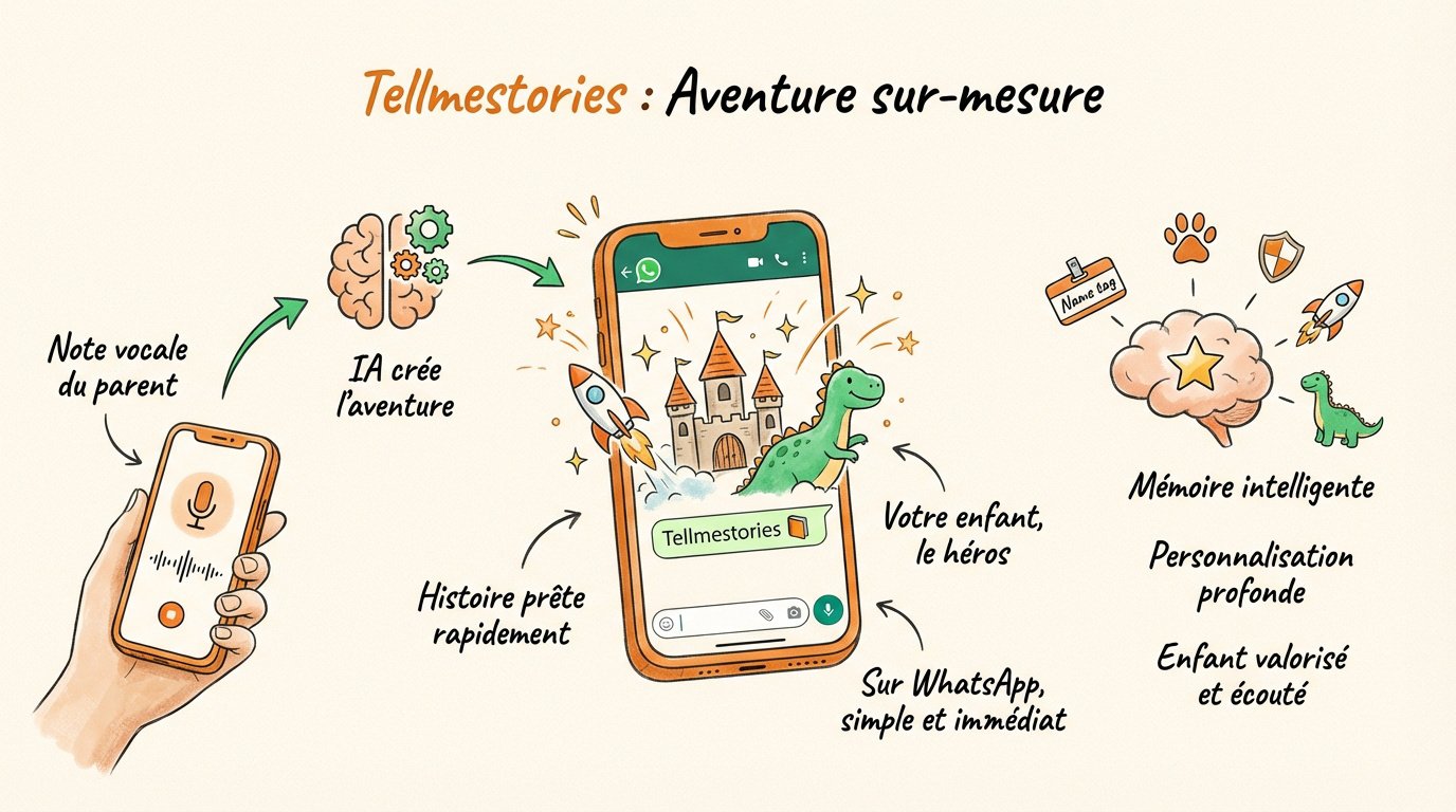 Histoires interactives pour enfants : l'aventure sur mobile 2 Parent créant une histoire personnalisée sur WhatsApp pour son enfant