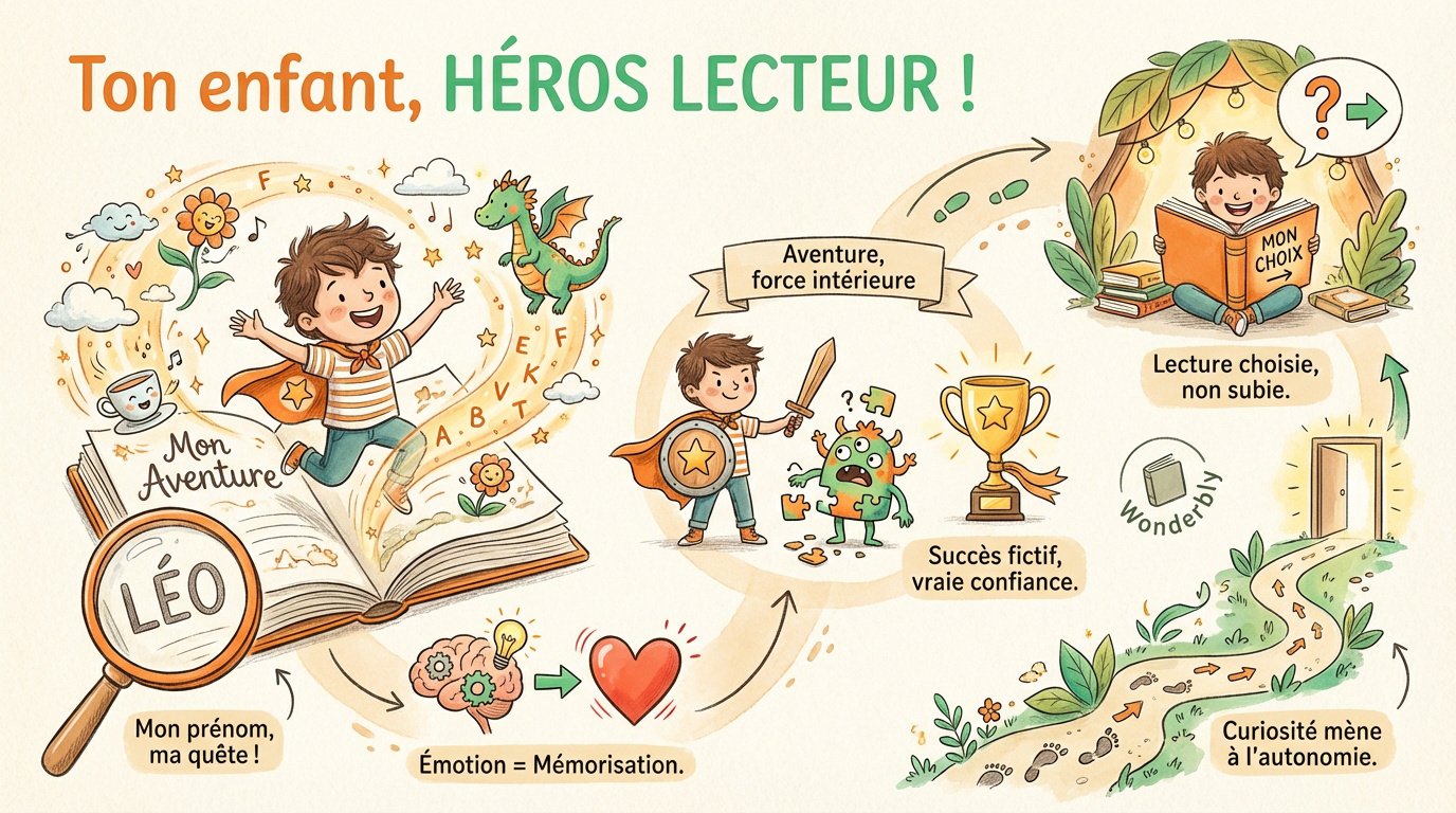Enfant de 6 ans découvrant son prénom dans un récit personnalisé