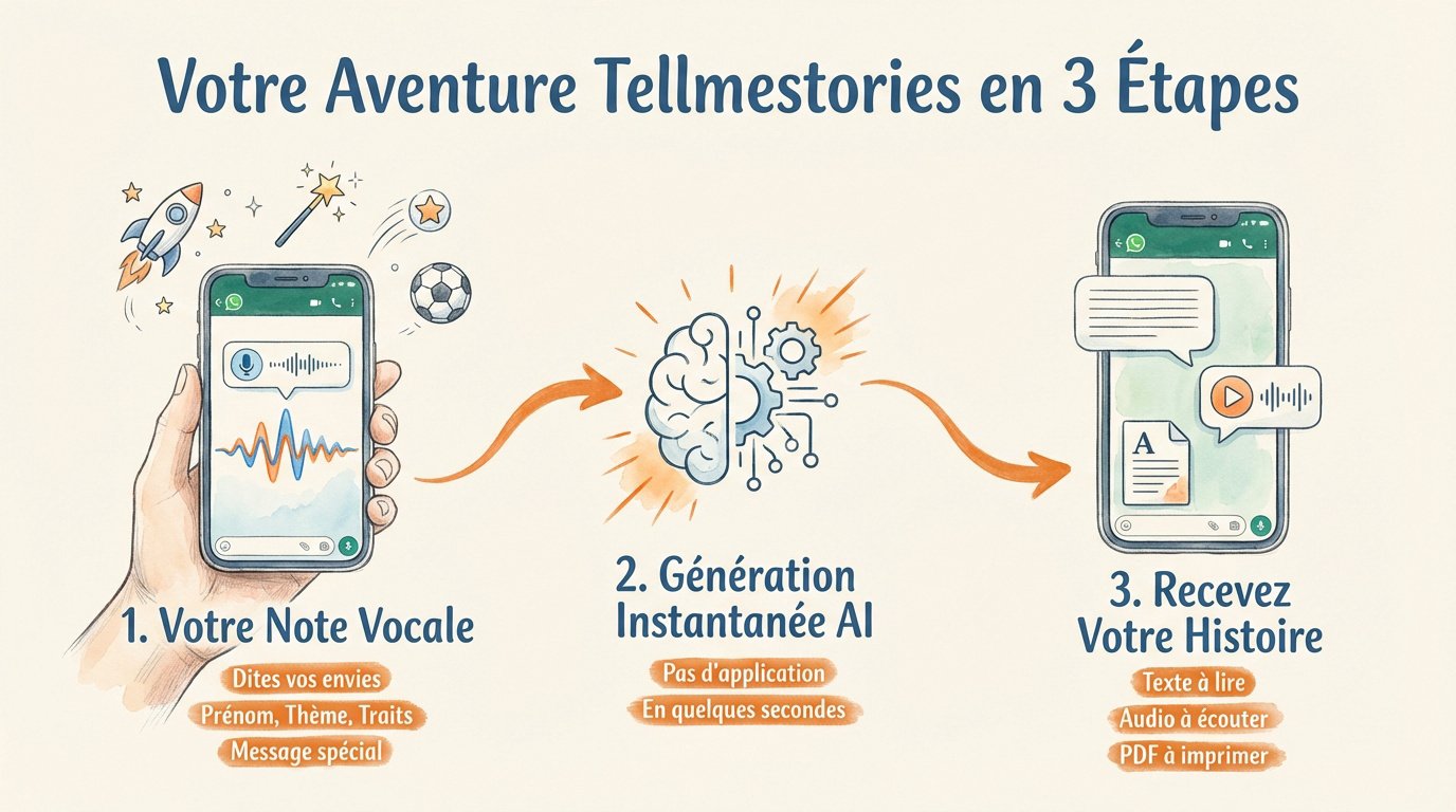 Infographie montrant les étapes de création d'un livre personnalisé via WhatsApp