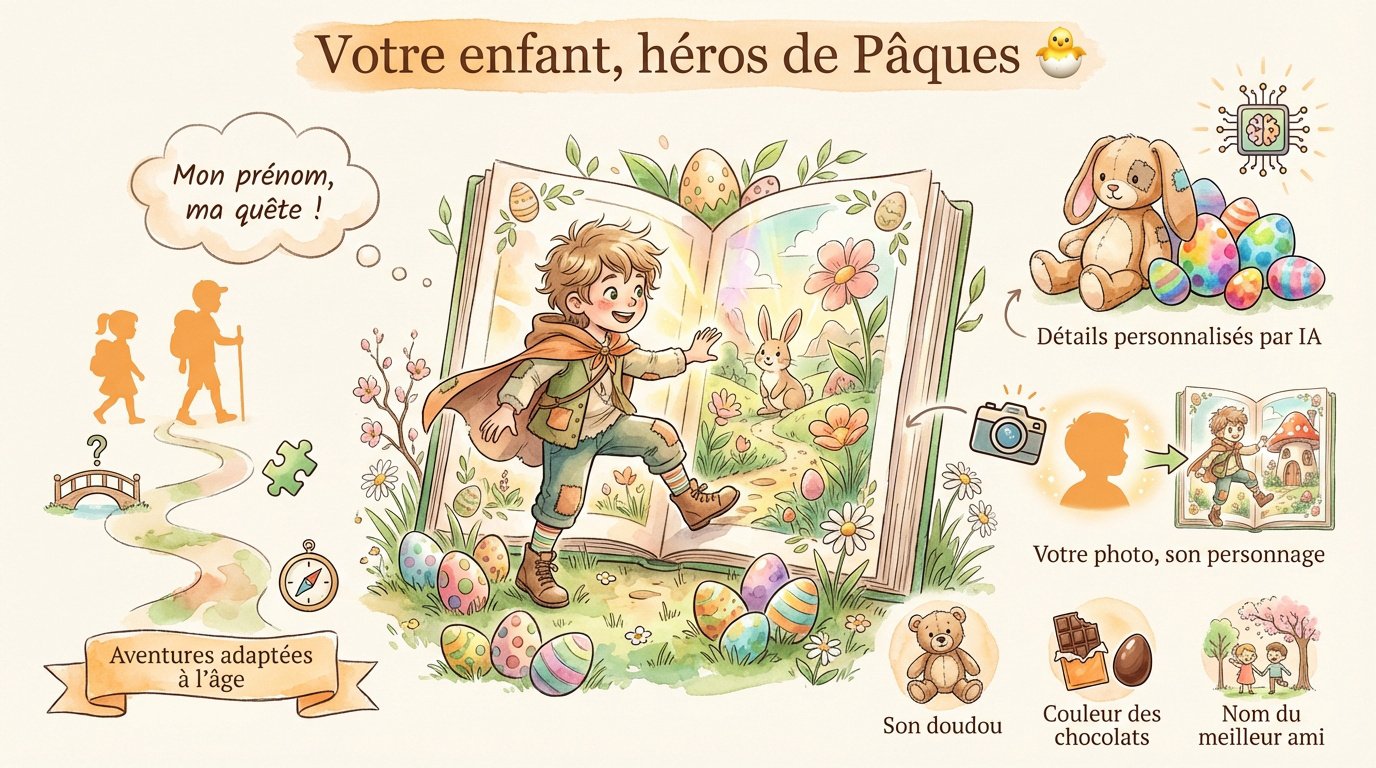 Des easter stories for kids pour un Pâques magique 1 Enfant heureux découvrant son livre de Pâques personnalisé