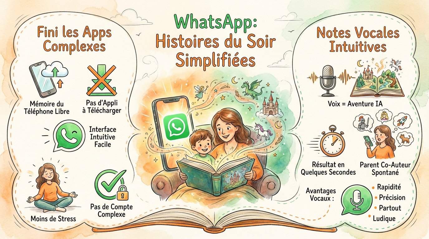 Parent créant un conte personnalisé enfant via WhatsApp