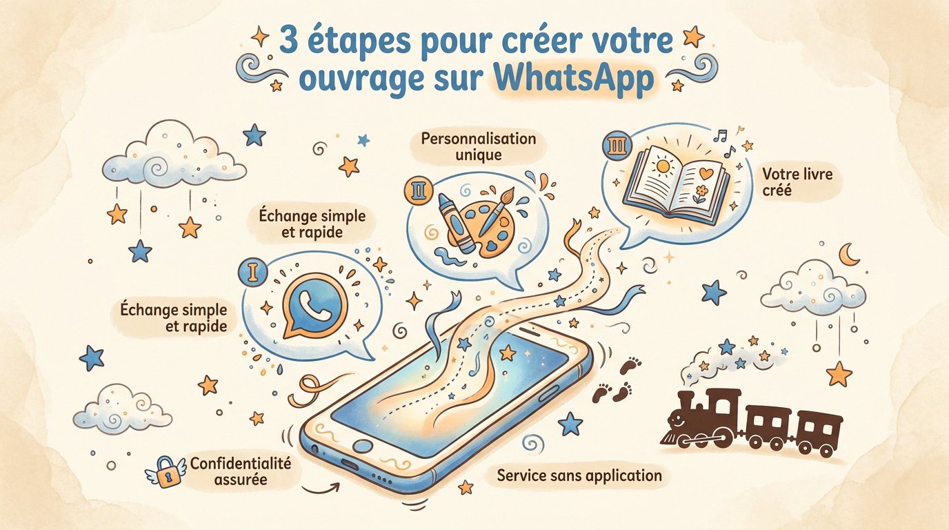 Livre personnalisé enfant : l'aventure dont il est le héros 3 Enfant découvrant son livre personnalisé créé via WhatsApp