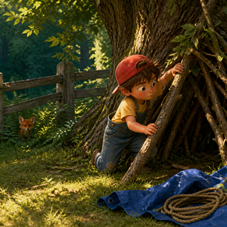 Illustration: Malo builds his branch den at the bottom of the garden while a fox cub watches from behind the fence