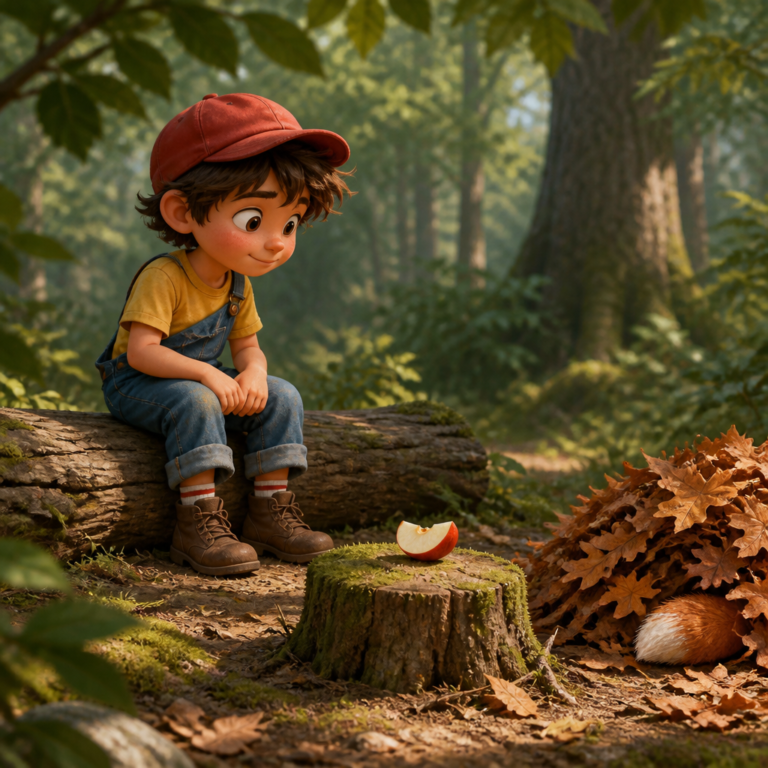 Illustration: Malo places an apple slice on a tree stump to win the fox cub over