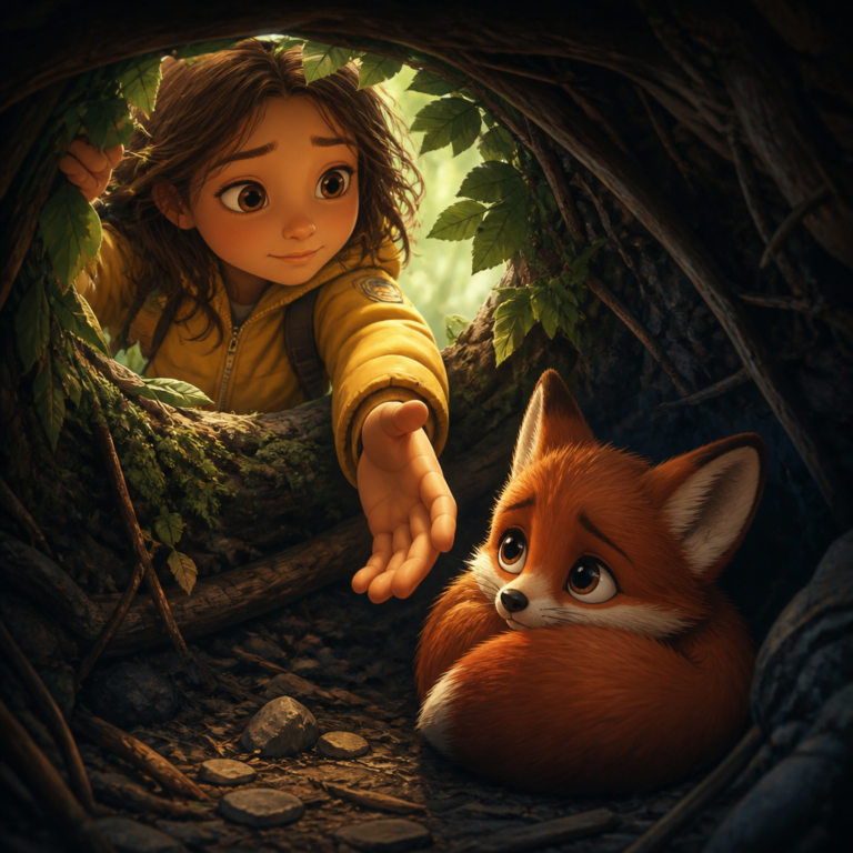 Illustration: Jade discovers a red fox cub curled up in the shadow of the bush