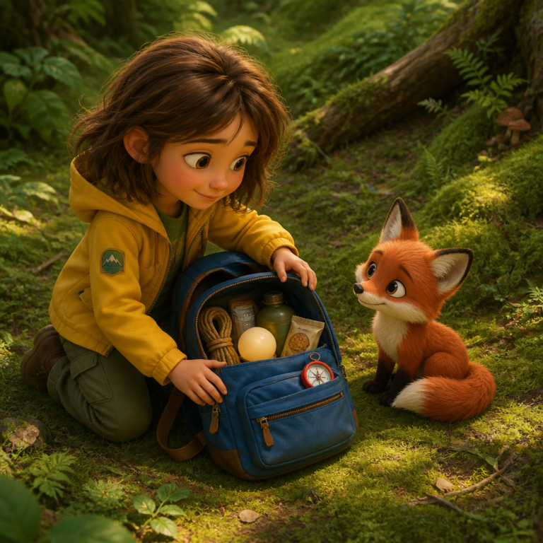 Illustration: Jade packs her explorer bag with her night-light and rope