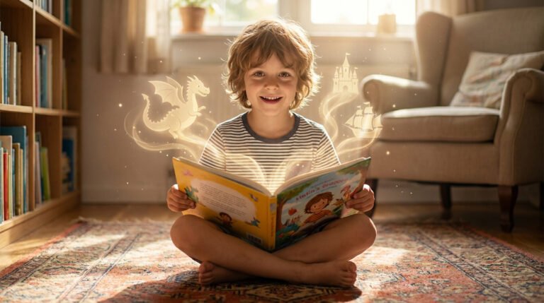 Un petit garçon joyeux lit un livre ouvert sur un tapis, entouré d'illustrations magiques de dragon et de château.