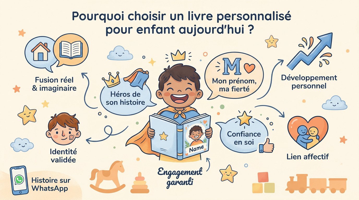 Livre personnalisé enfant : l'aventure dont il est le héros 1 Enfant découvrant son livre personnalisé avec ses parents