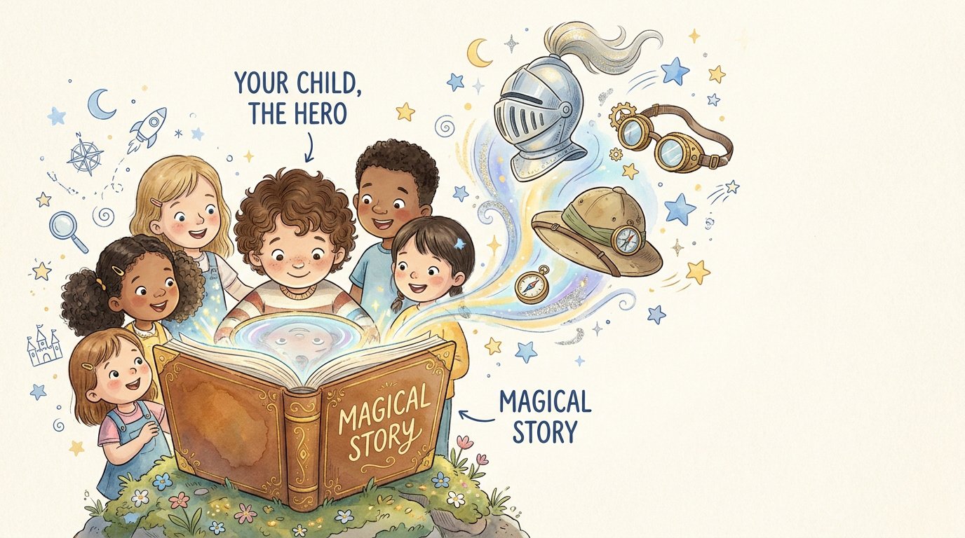 Create a personalized children's book for your little hero 1 A young child looking amazed at a magical digital story portal where they appear as a hero